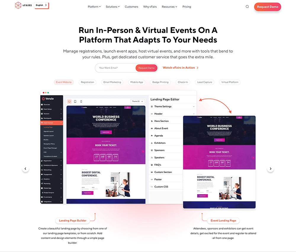 The vFairs homepage.